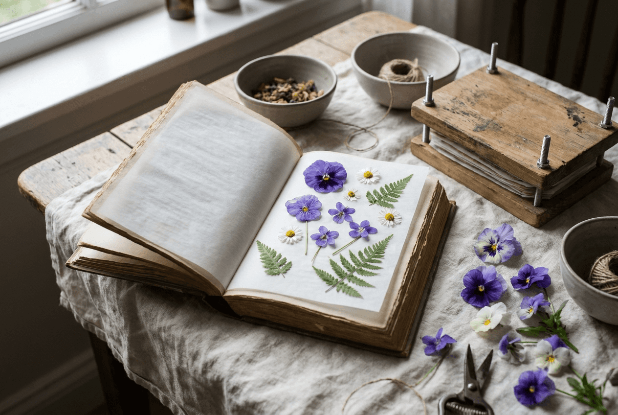 Fresh pansies, violets and ferns laid on parchment inside an open book beside a wooden flower press — a home flower-pressing setup