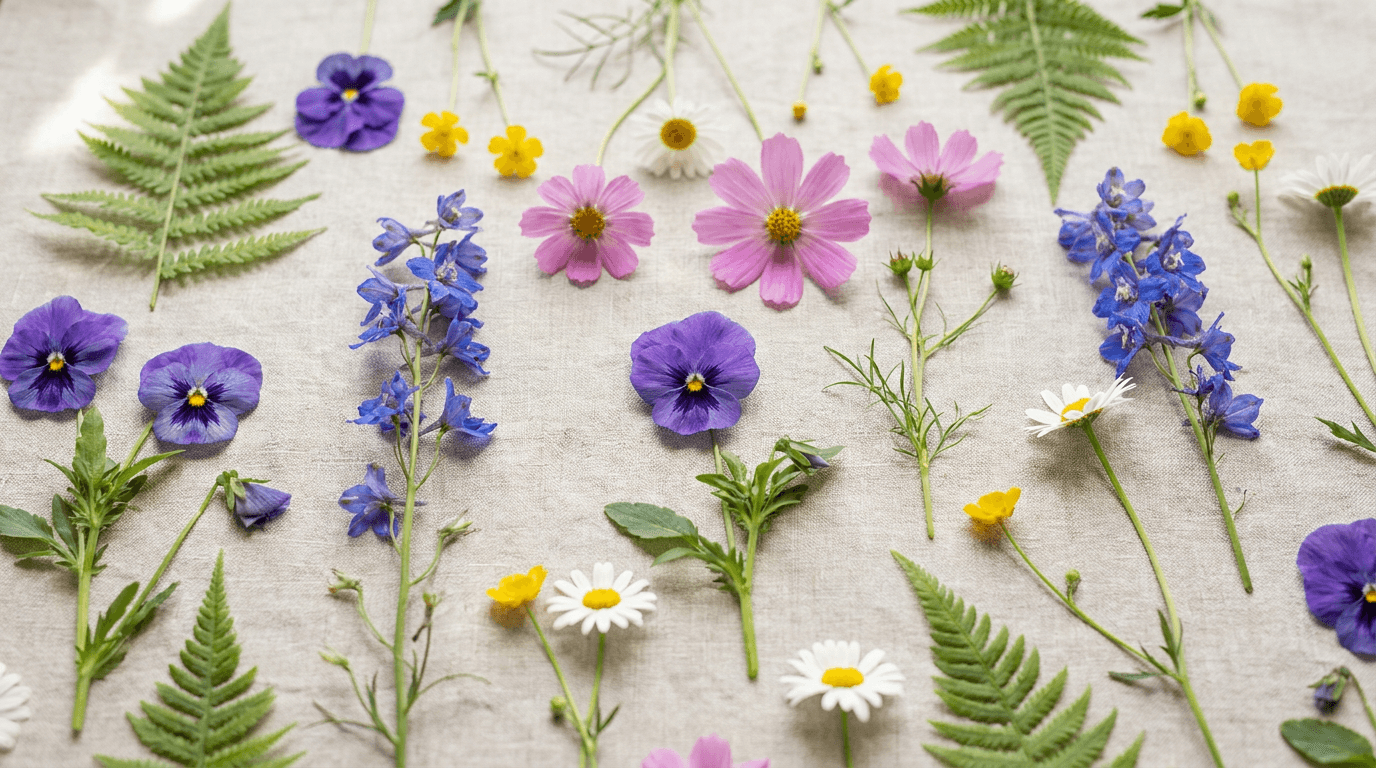 An assortment of fresh flowers laid out ready for pressing — pansies, larkspur, cosmos, daisies and ferns arranged on a light surface