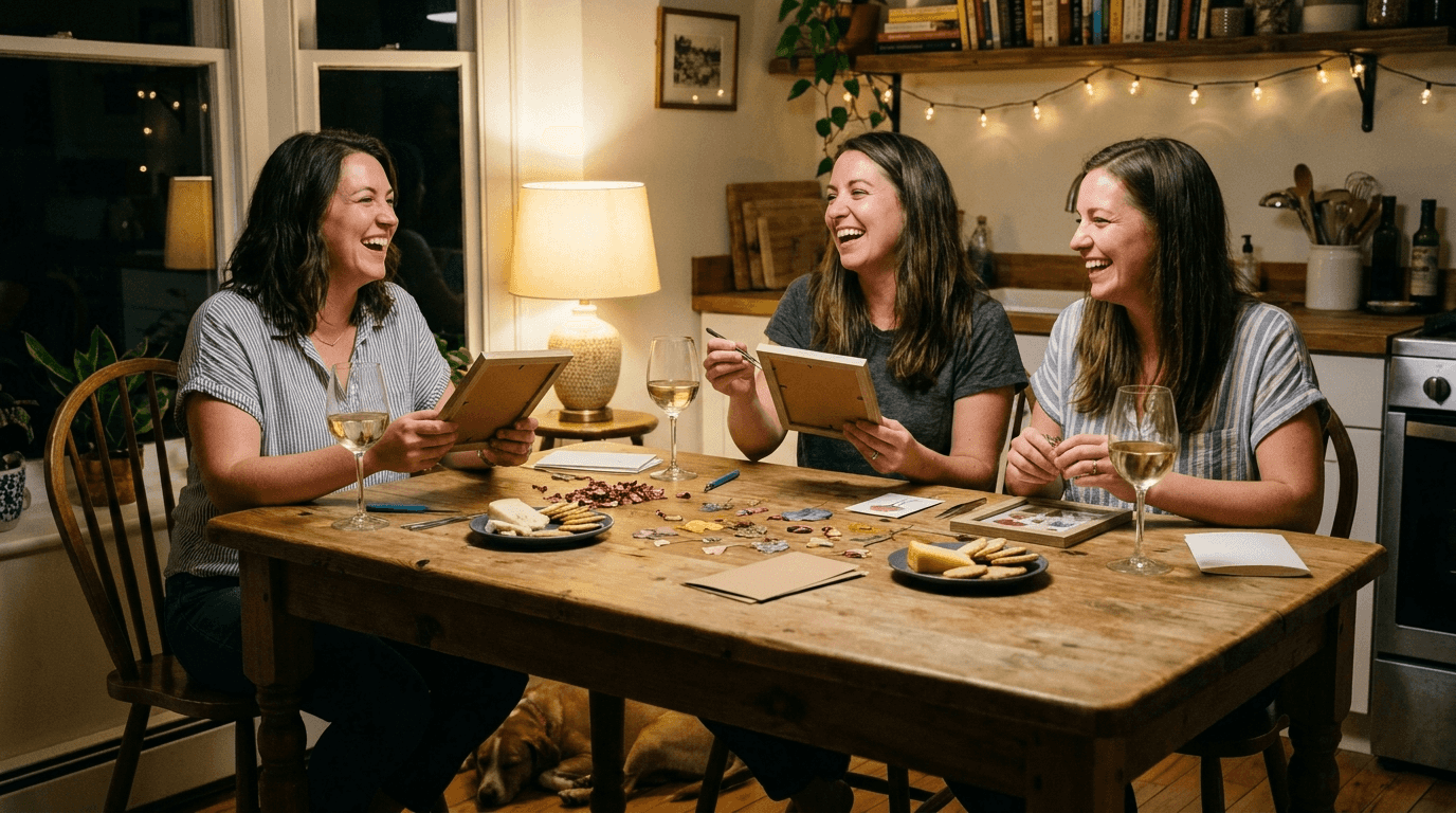Friends around a kitchen table on a craft night, arranging pressed flowers into frames with snacks and drinks nearby