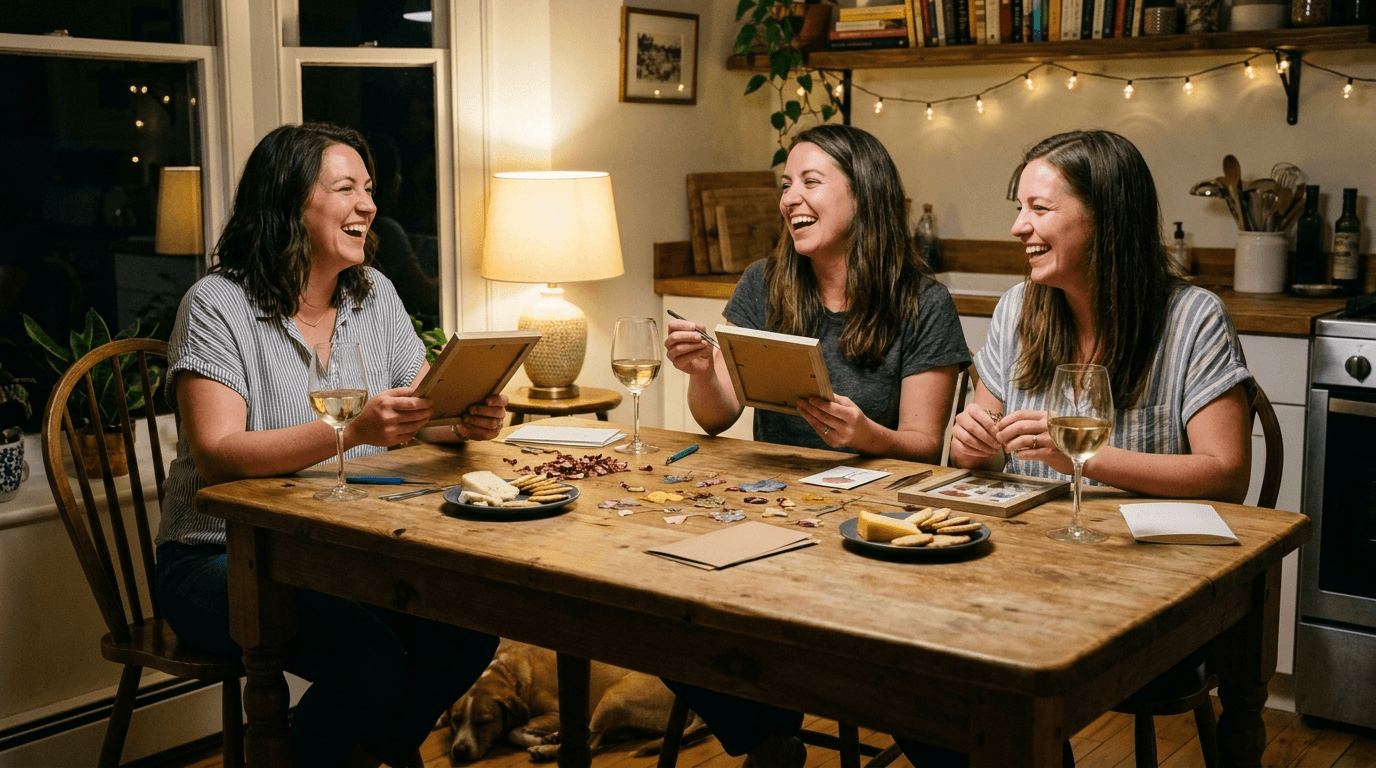 Friends around a kitchen table on a craft night, arranging pressed flowers into frames with snacks and drinks nearby