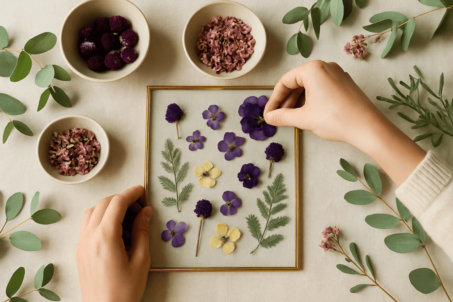 A selection of pressed flower artworks arranged on a table, showing silhouette and specimen styles