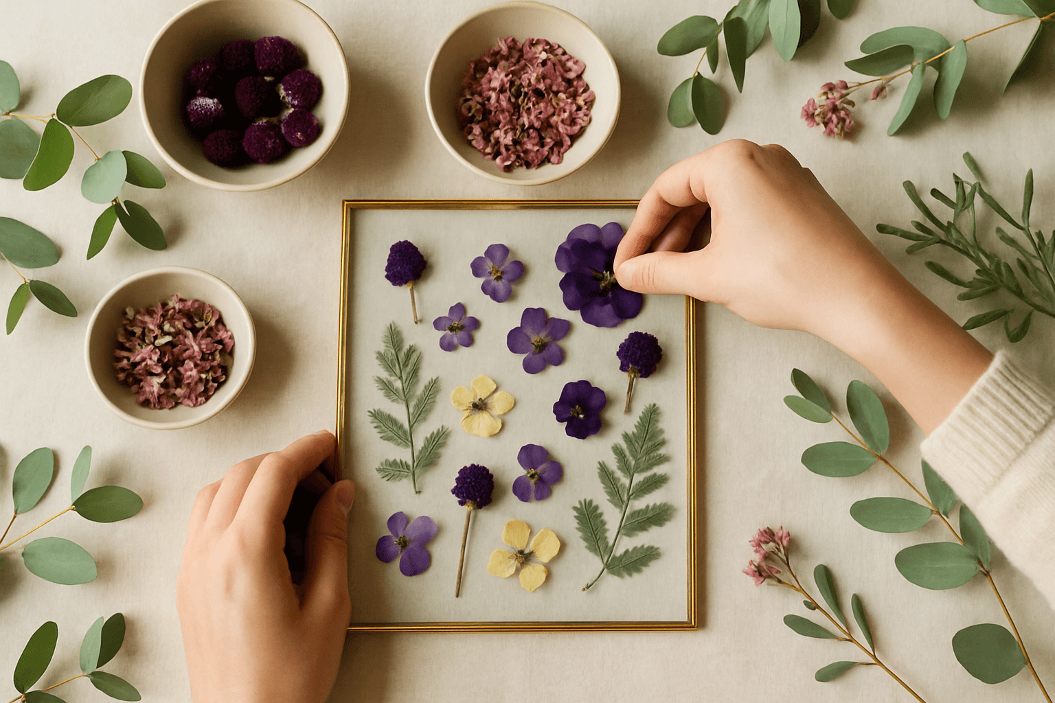 A selection of pressed flower artworks arranged on a table, showing silhouette and specimen styles