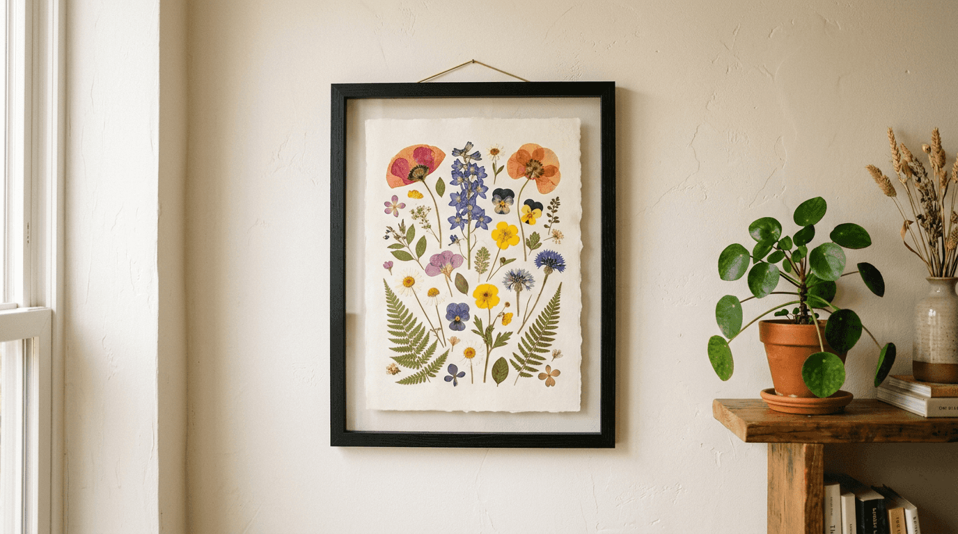 A framed pressed flower piece hanging on a wall in soft indirect light, its colors still vivid years after it was made