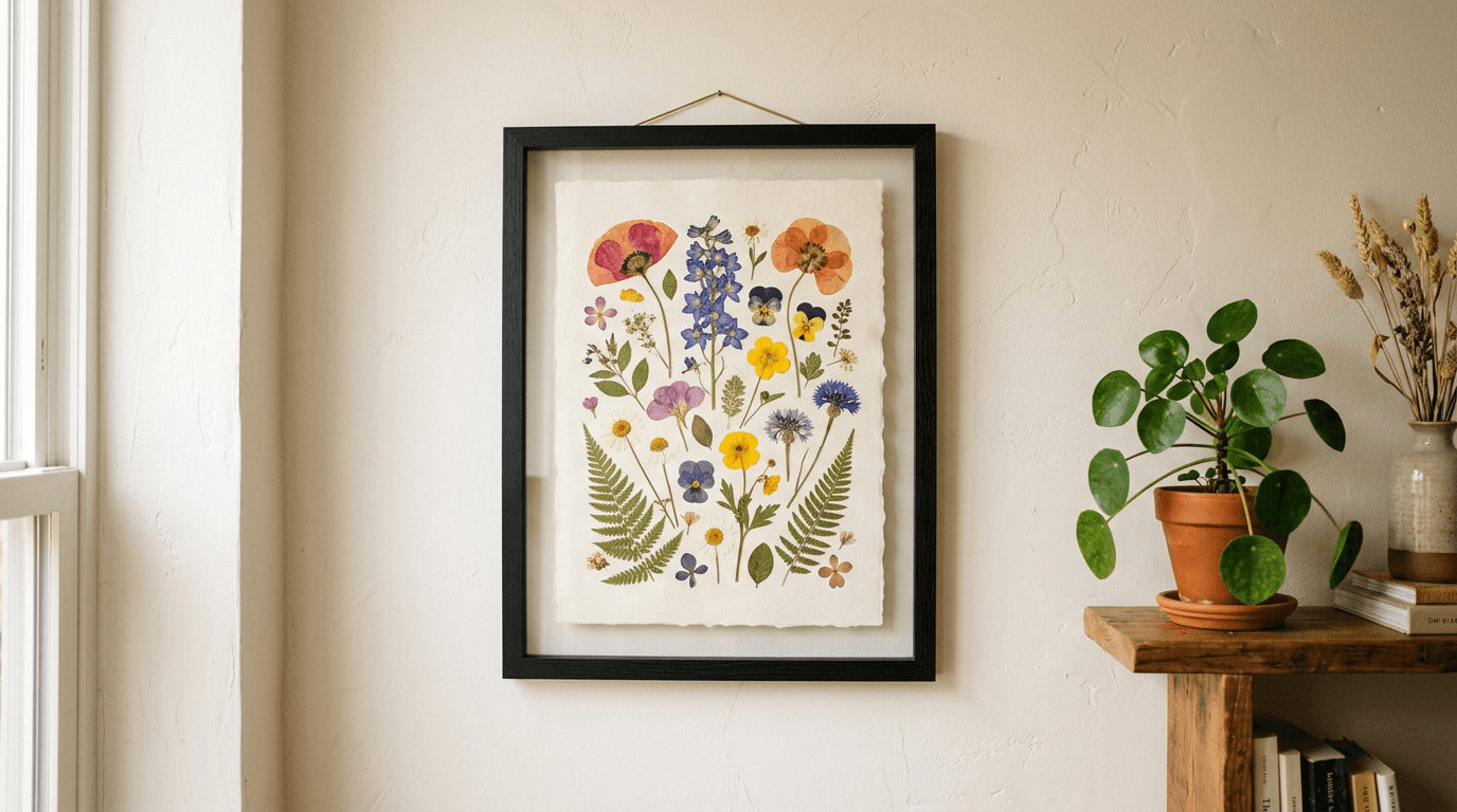 A framed pressed flower piece hanging on a wall in soft indirect light, its colors still vivid years after it was made