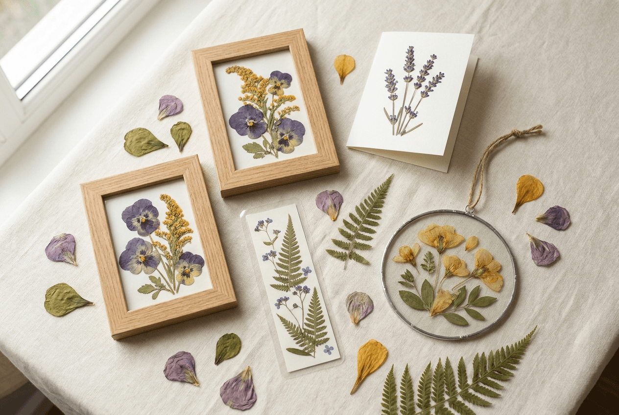A spread of finished pressed flower projects — two framed pictures, a bookmark, a greeting card and a glass hanging piece — showing different art ideas