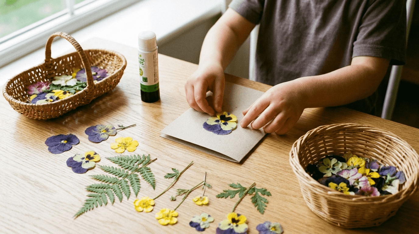 A child arranging colorful pressed flowers onto paper at a table, making a homemade card