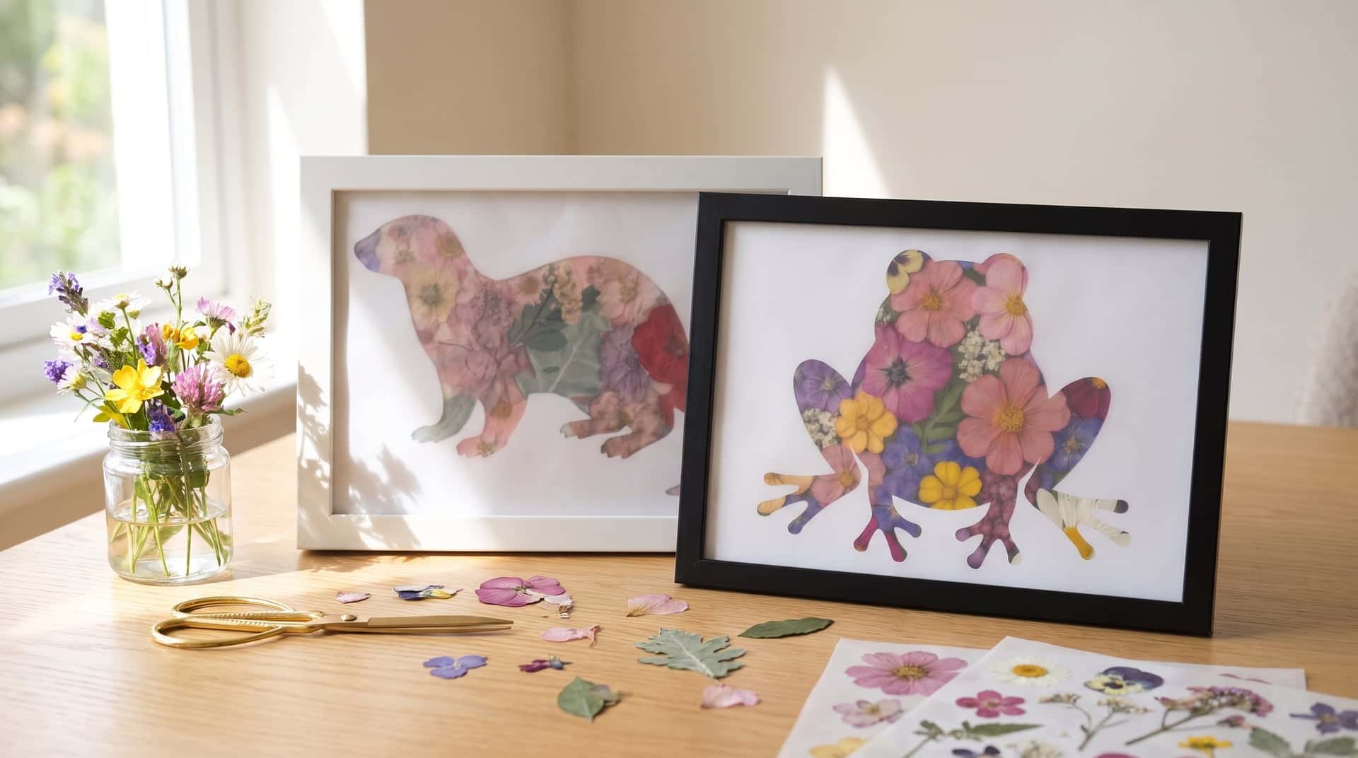 Framed pressed flower artwork displayed on a light oak table beside a jar of wildflowers